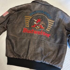 Vintage Excelled Beer Jacket Anheuser-Busch Budweiser Brown Leather Bomber L